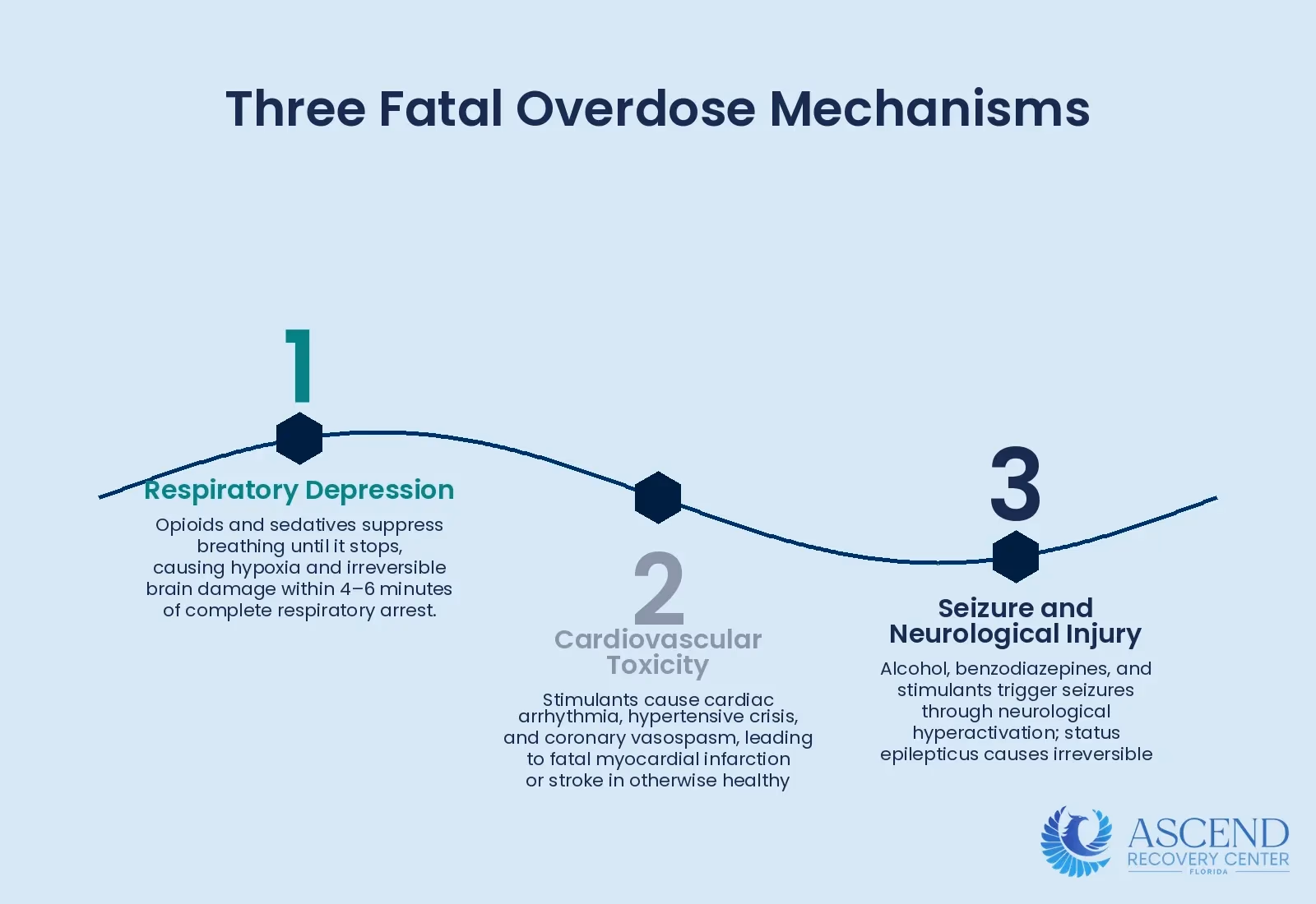 Infographic showing overview of the three primary physiological mechanisms by which drug overdose causes death or permanent harm