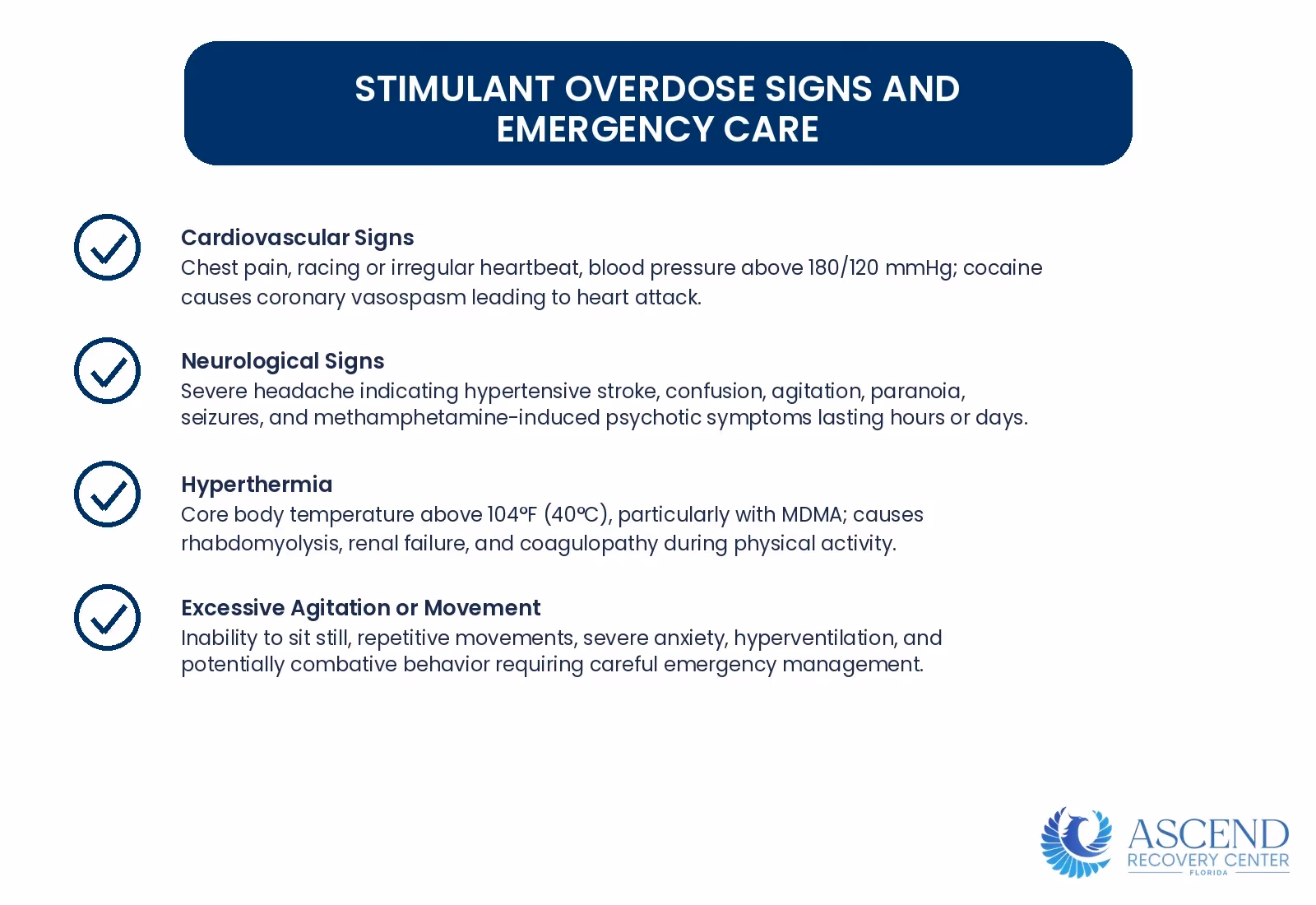 Infographic showing recognition of cocaine, methamphetamine, and prescription stimulant overdose symptoms and appropriate emergency response protocols