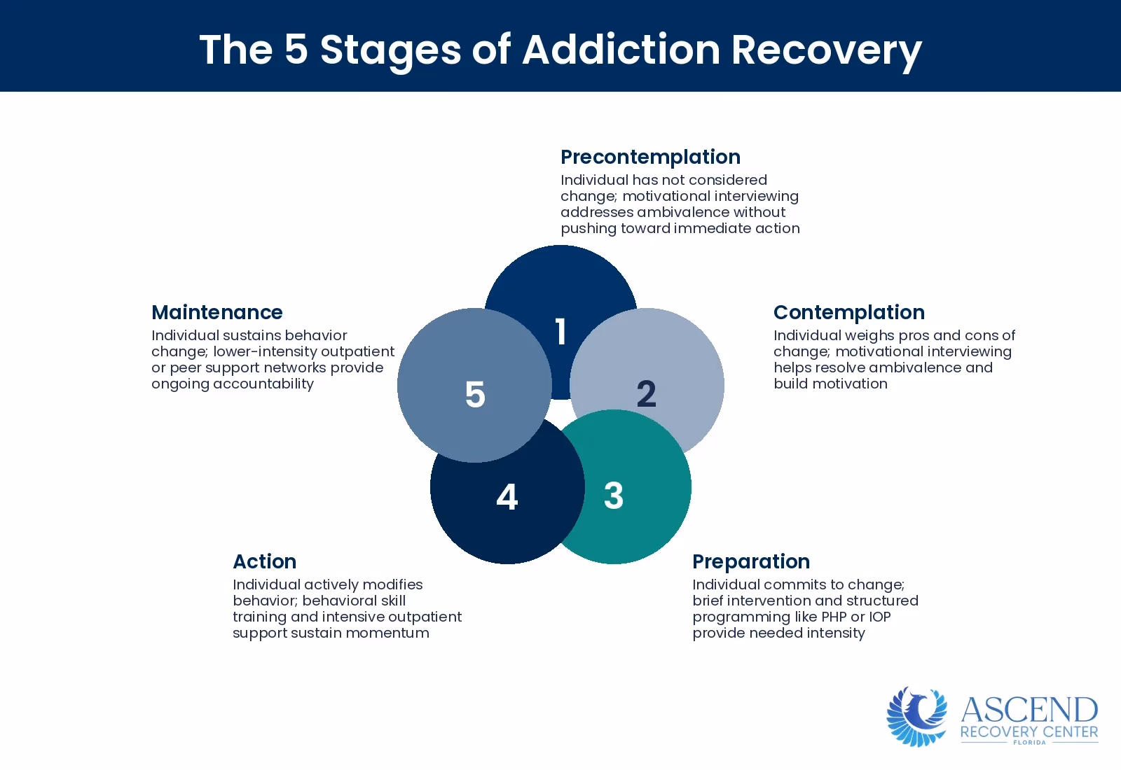 Infographic showing overview of Prochaska and DiClemente's Transtheoretical Model showing five sequential stages of recovery motivation and behavior change