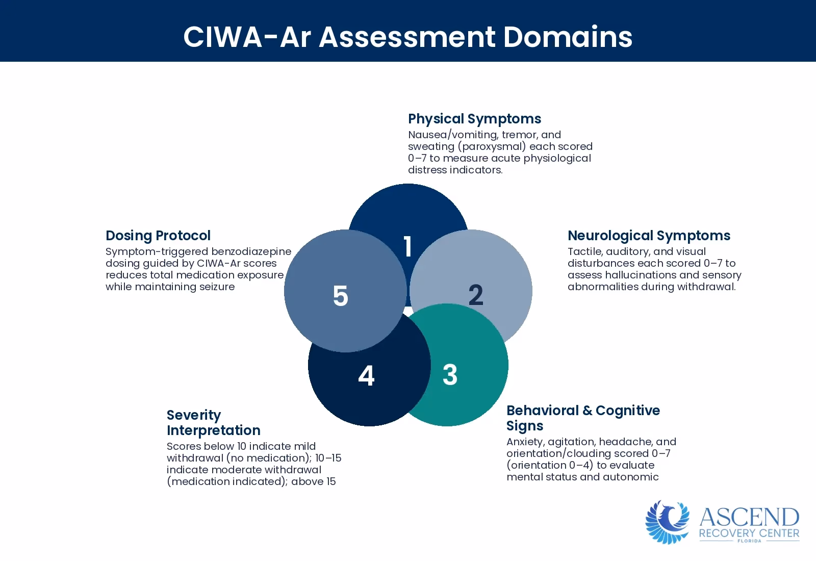 Infographic showing ten clinical assessment domains used in the CIWA-Ar scale to quantify alcohol withdrawal severity and guide medication dosing in licensed detox facilities