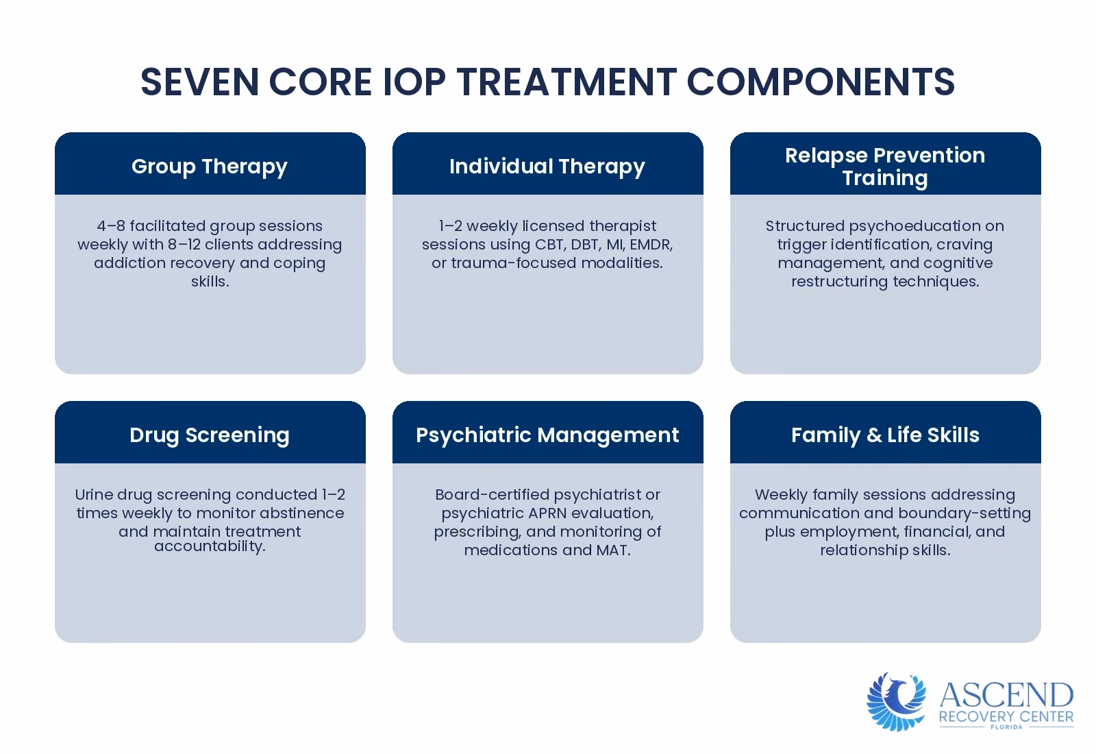 Infographic showing overview of the seven clinical components integrated into comprehensive Intensive Outpatient Program treatment