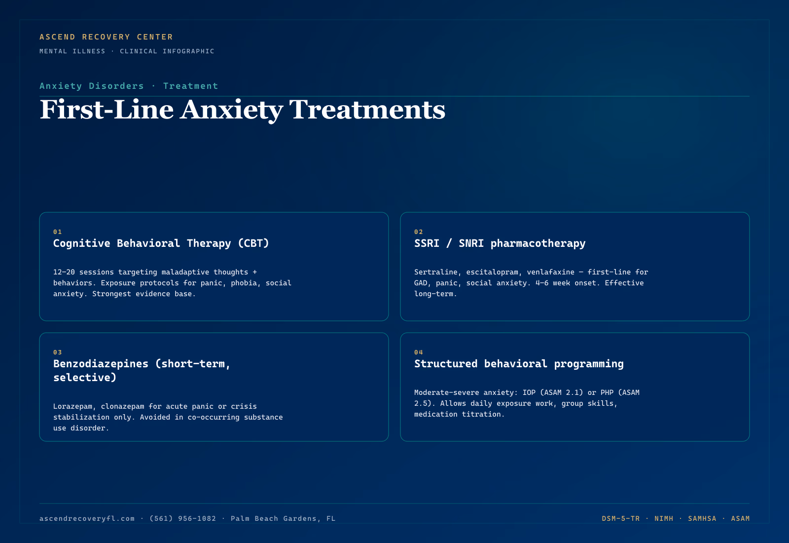 Infographic showing the evidence-based first-line treatments for anxiety disorders — exposure-based cognitive behavioral therapy and SSRI or SNRI pharmacotherapy — with response rates from APA Clinical Practice Guidelines and indications for combined treatment